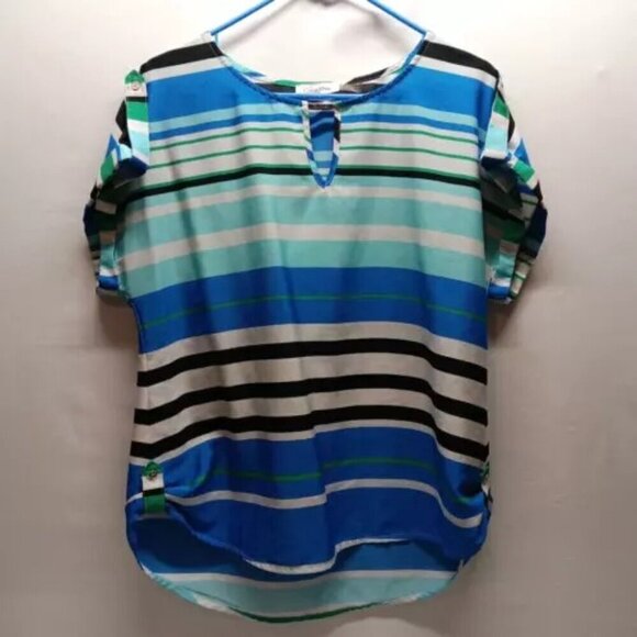 Calvin Klein Women’s Blouse Large Lightweight Striped Short Sleeve With Roll Tab - Picture 1 of 10